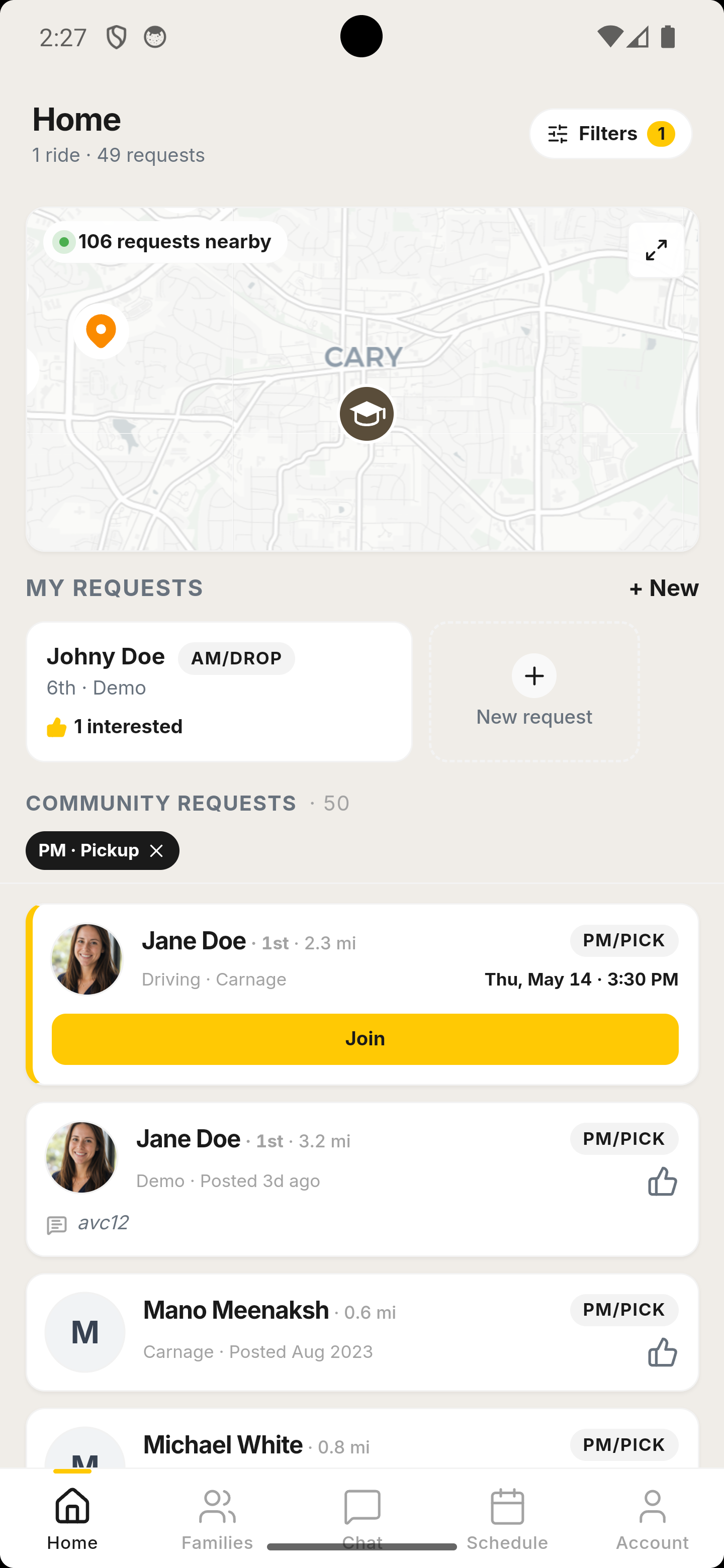 The Carpool.School home screen showing nearby families and parent activity
